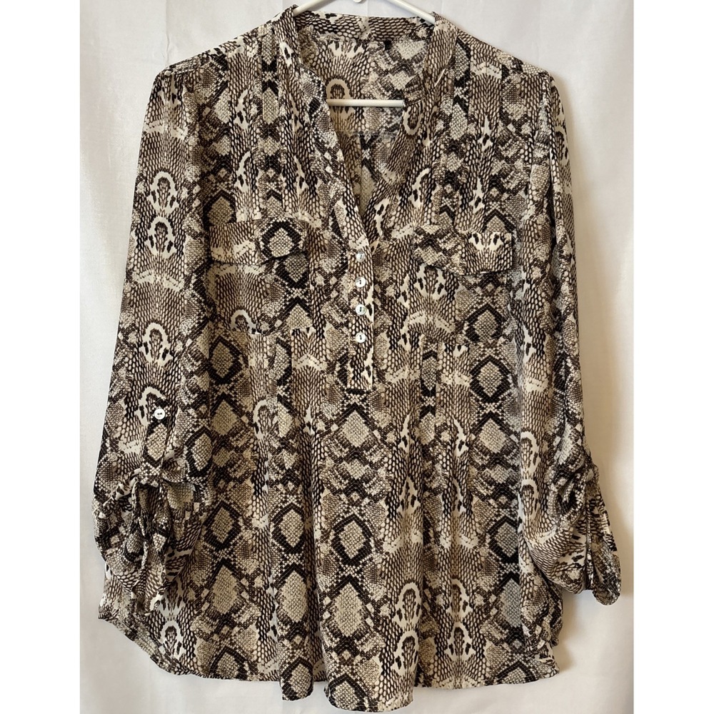 Snakeskin Long Sleeve‎ Blouse V-neckline 1/4 Button Roll Tab Sleeve Tunic Size L